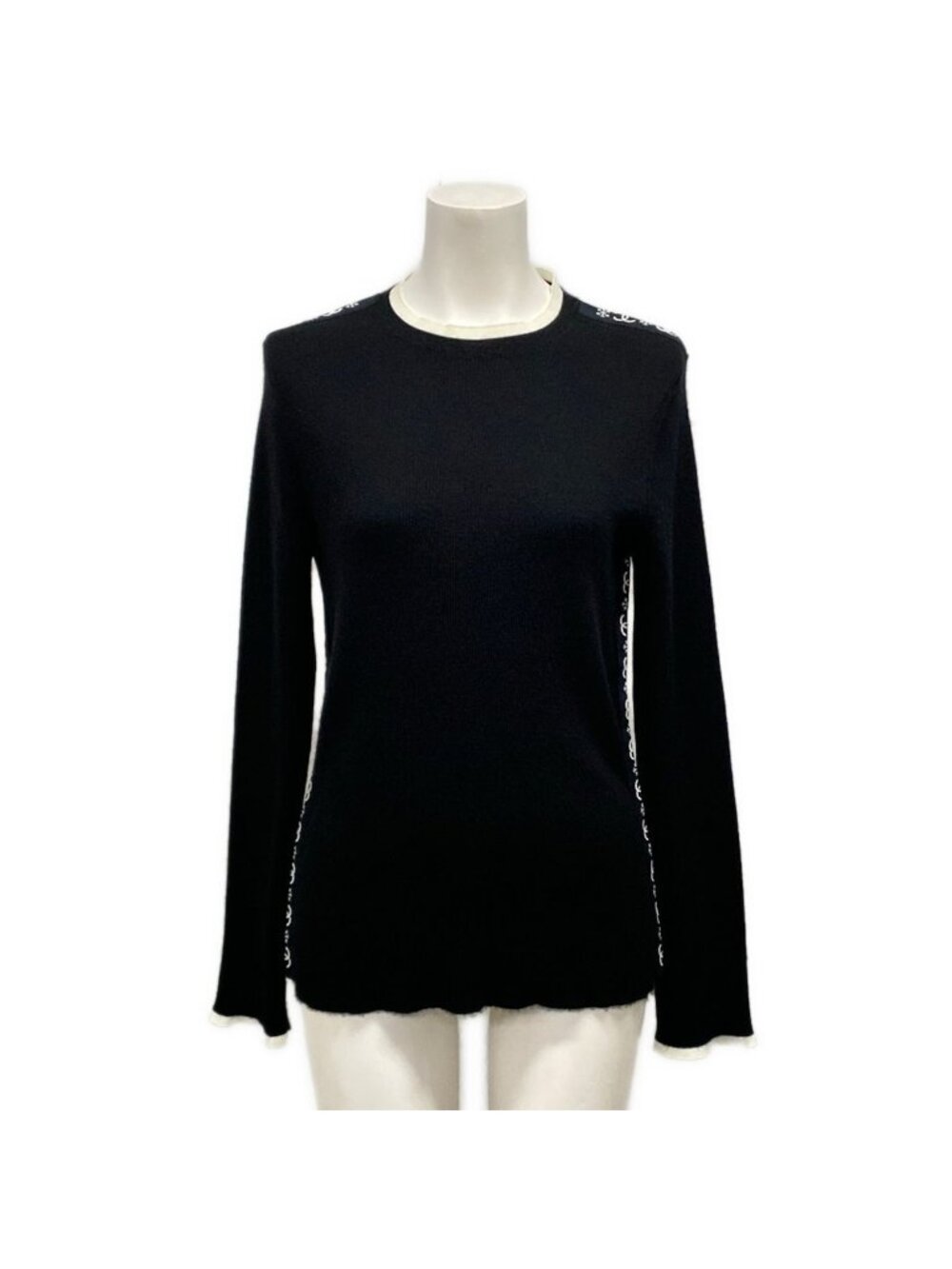 Chanel Long Sleeve Sweater 42 L Black White CC Logo Snowflake Side Line Cashmere